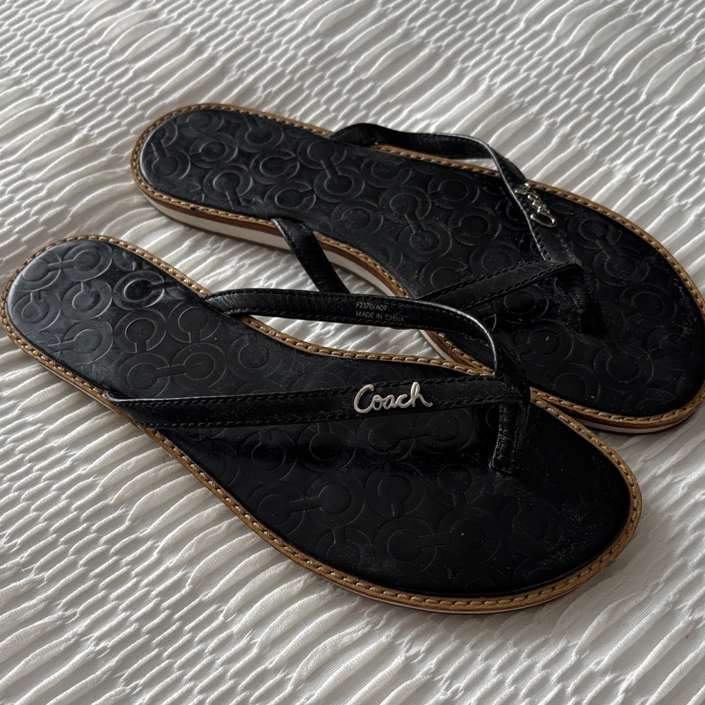 Coach Black Logo-Embossed Women's Flip Flop Sandals with Gold Accent